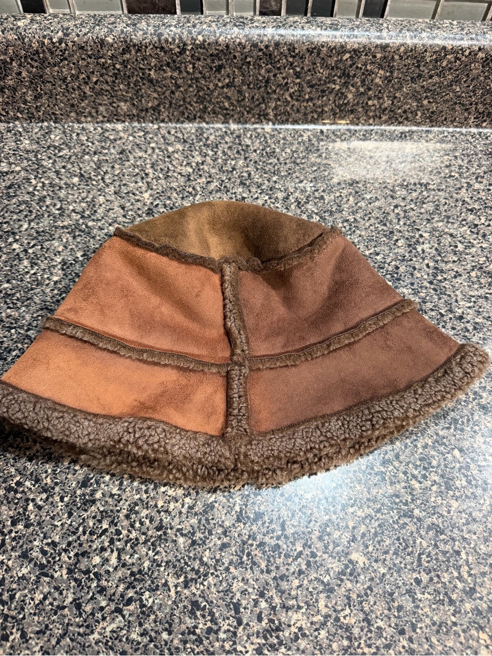 Lands' End Brown Suede Shearling-Trim Bucket Hat